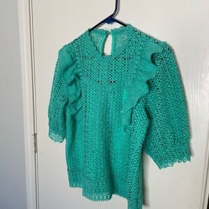 New York & Co Ruffle Eyelet Blouse in Teal